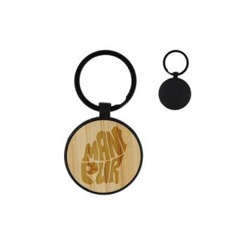Bamboo and metal keychain round