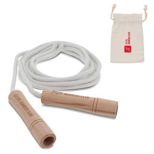 Jumping rope with wooden handles in a cotton pouch