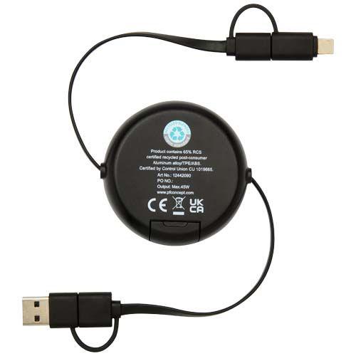 Câble rétractable 5 en 1 Alasia de 100 cm en plastique recyclé et aluminium pour la synchronisation des données et la charge rapide de 45 W